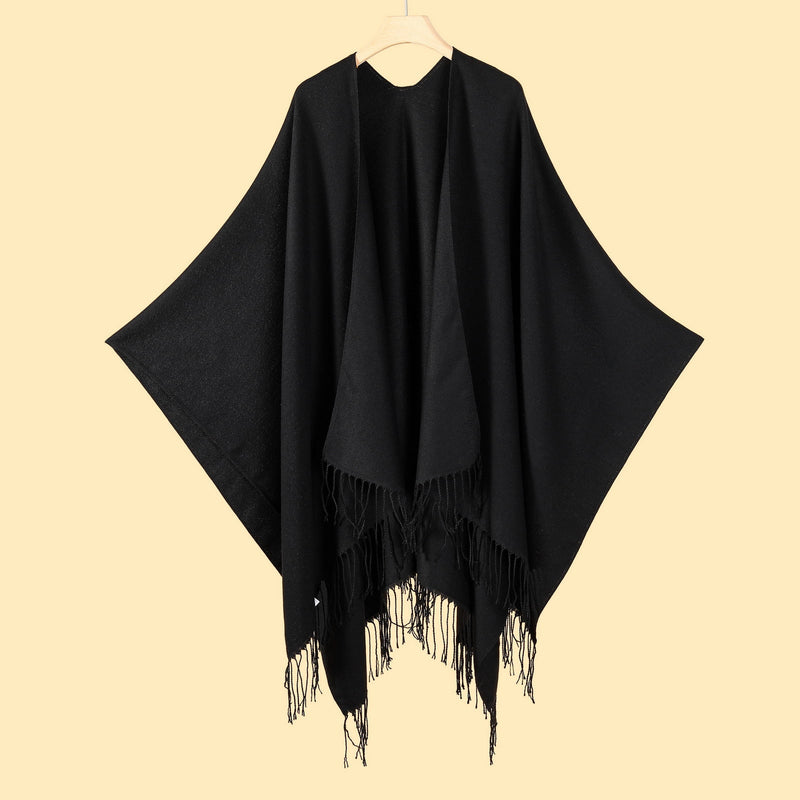 Fringed Black Elegant Autumn Winter Shawl - Artistic Split-Design Knit Cloak with Oil Painting Style