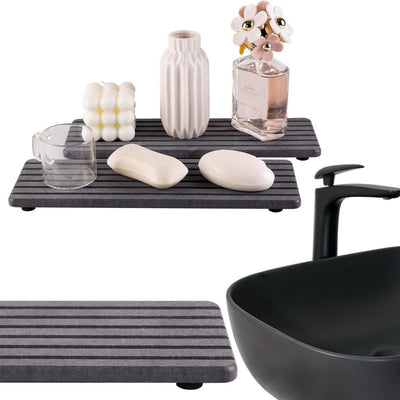 Upper And Lower Slots Medium Grey 2-Piece Rectangular Diatomaceous Earth Coaster Set - Absorbent Grooved Mat for Sink and Bathroom