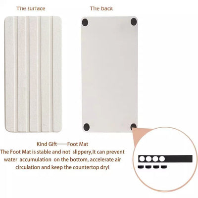 6 Slotted White 2-Piece Rectangular Diatomaceous Earth Coaster Set - Absorbent Grooved Mat for Sink and Bathroom