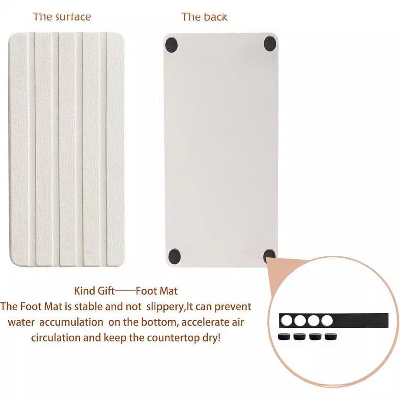 6 Slotted White 2-Piece Rectangular Diatomaceous Earth Coaster Set - Absorbent Grooved Mat for Sink and Bathroom