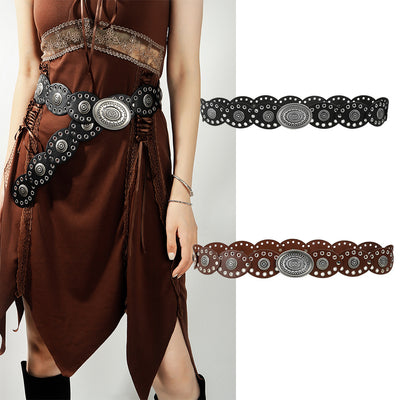 Bronze Reddish Brown Vintage Western Post-Apocalyptic Women's Waist Belt with Eyelet Oval Carvings