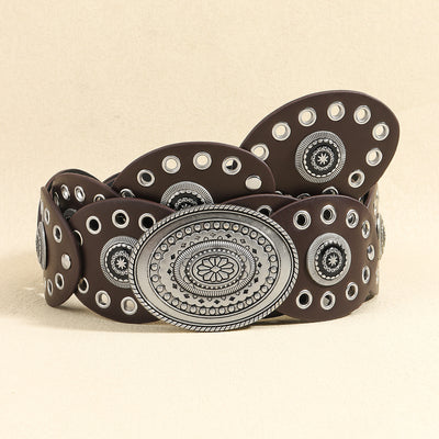 Antique Silver-coloured Vintage Western Post-Apocalyptic Women's Waist Belt with Eyelet Oval Carvings