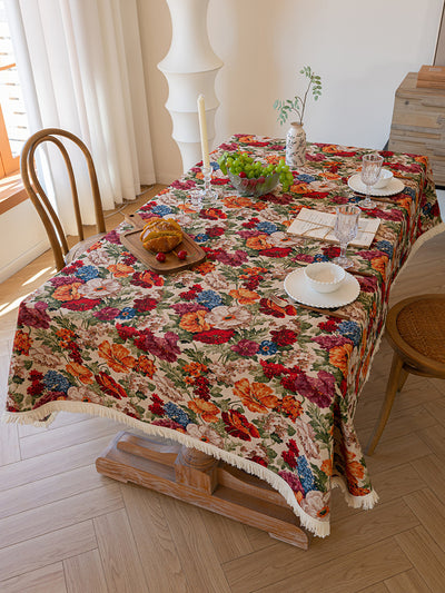Floral Cotton Linen Tablecloth | Vintage Style Country Garden Design, 90x90cm
