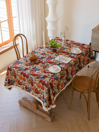 Floral Cotton Linen Tablecloth | Vintage Style Country Garden Design, 90x90cm