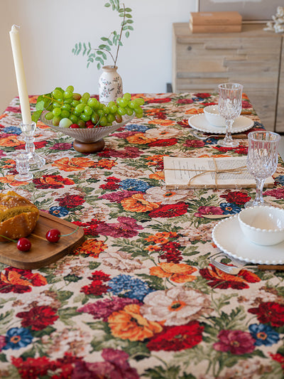 Floral Cotton Linen Tablecloth | Vintage Style Country Garden Design, 90x90cm