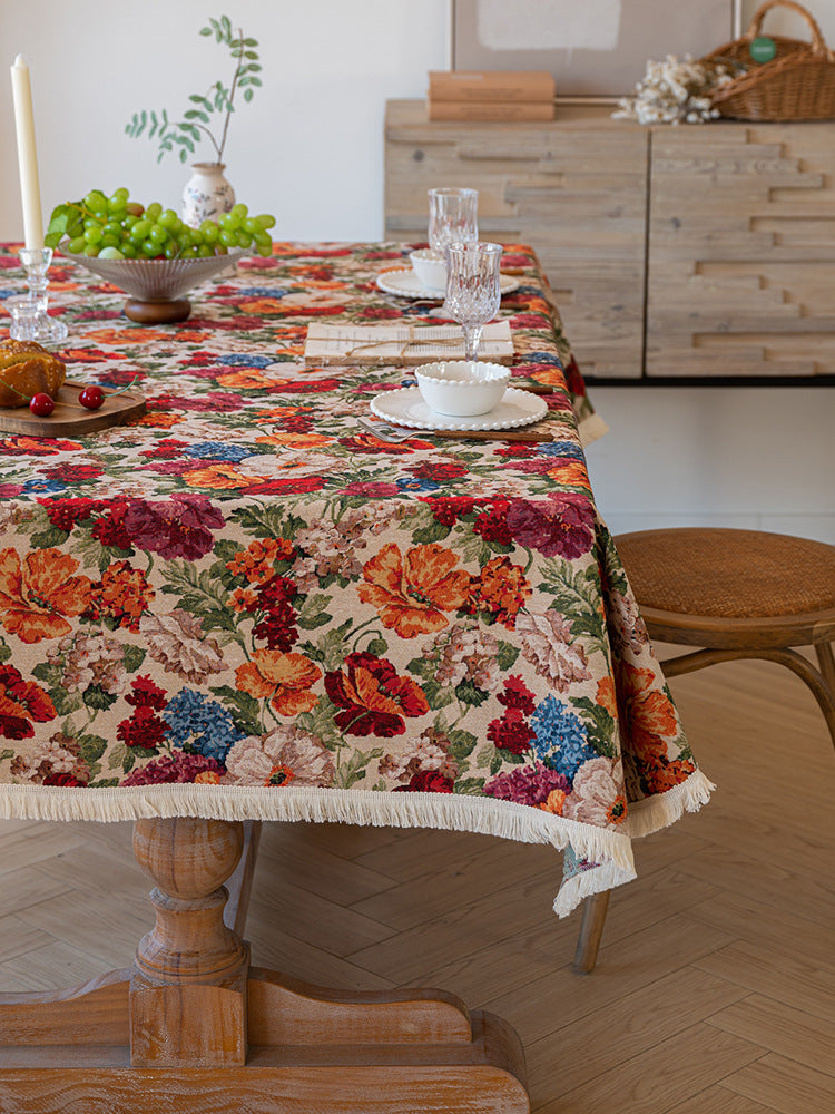 Floral Cotton Linen Tablecloth | Vintage Style Country Garden Design, 90x90cm