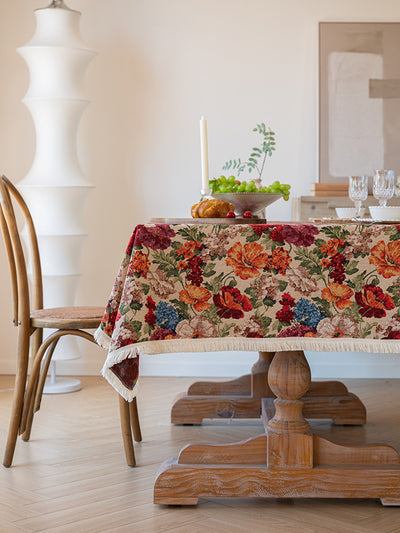 Floral Cotton Linen Tablecloth | Vintage Style Country Garden Design, 90x90cm