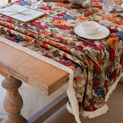 Floral Cotton Linen Tablecloth | Vintage Style Country Garden Design, 90x90cm