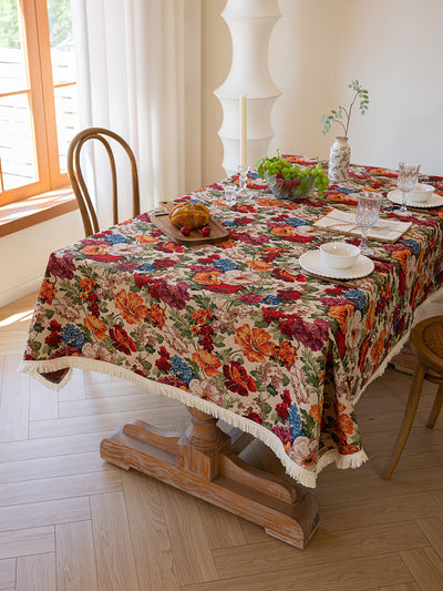 Floral Cotton Linen Tablecloth | Vintage Style Country Garden Design, 100*160cm