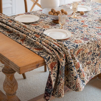 Floral Vintage Bird Tassel Tablecloth | Vintage Cotton and Linen Jacquard Tablecloth, 90*140cm