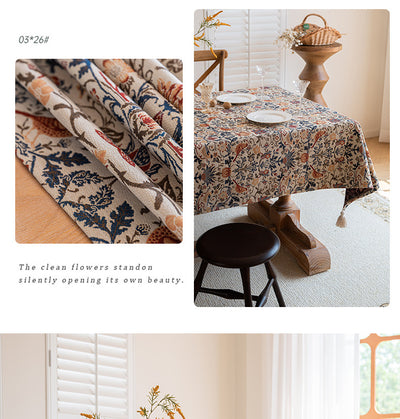 Floral Vintage Bird Tassel Tablecloth | Vintage Cotton and Linen Jacquard Tablecloth, 90*140cm