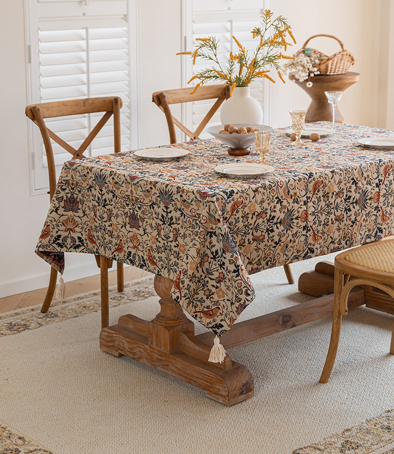 Floral Vintage Bird Tassel Tablecloth | Vintage Cotton and Linen Jacquard Tablecloth, 90*140cm