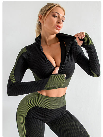 Army Green High Waist Yoga Set for Women-Sports Bra, Long Sleeve Shirt & Leggings 3-Piece Workout Set Size XL