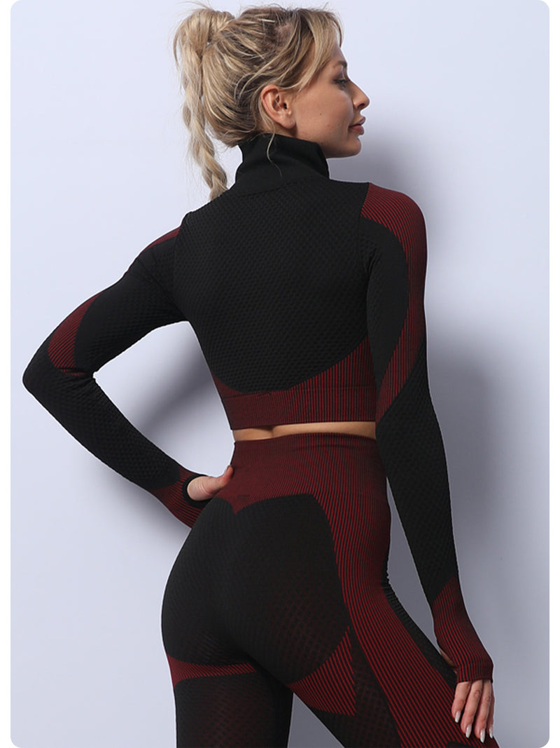 Black+Red High Waist Yoga Set for Women - Sports Bra, Long Sleeve Shirt & Leggings 3-Piece Workout Set Size XXL