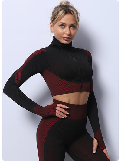 Black+Red High Waist Yoga Set for Women - Sports Bra, Long Sleeve Shirt & Leggings 3-Piece Workout Set Size XXL