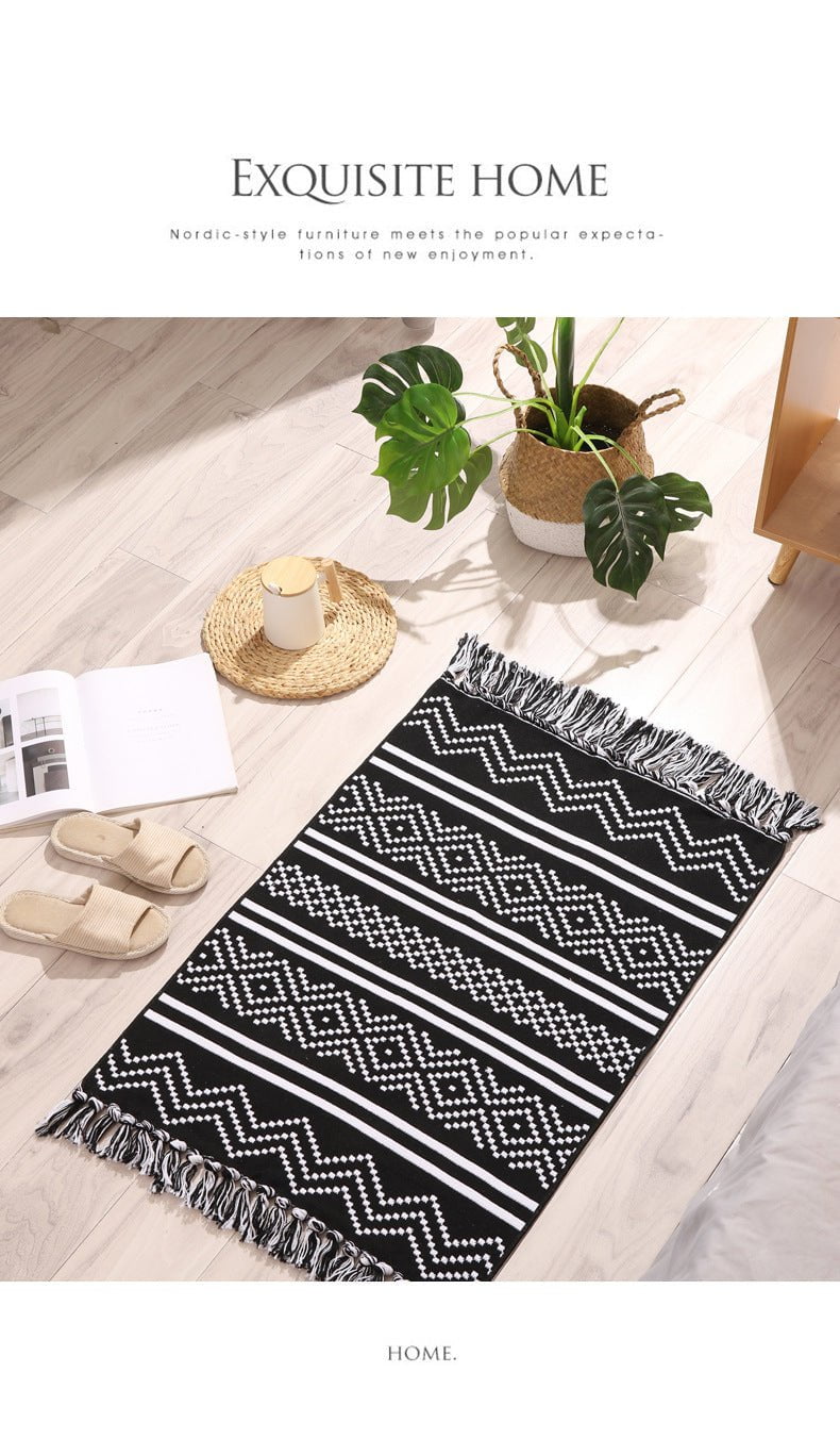 Handwoven Cotton Tassel Floor Rug for Bedroom or Living Room|Soft, Modern Geometric Design,60x90cm