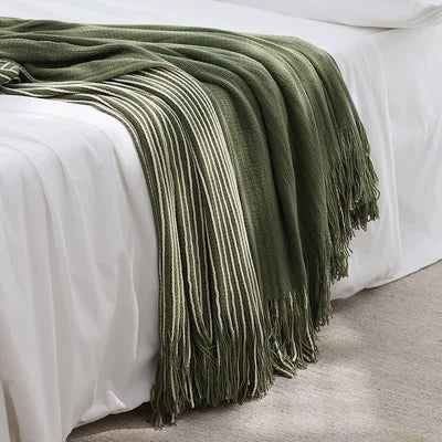 Green Cozy Knit Throw Blanket with Fringe - Stylish Striped  Bed End Cover, 127x220CM