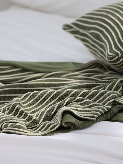 Green Cozy Knit Throw Blanket with Fringe - Stylish Striped  Bed End Cover, 127x220CM