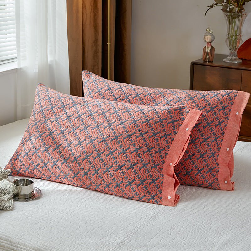 Red B pattern Snap-On Cotton Gauze Pillowcase Set - Full Coverage, Non-Slip, Easy Closure (One pair without pillow core)