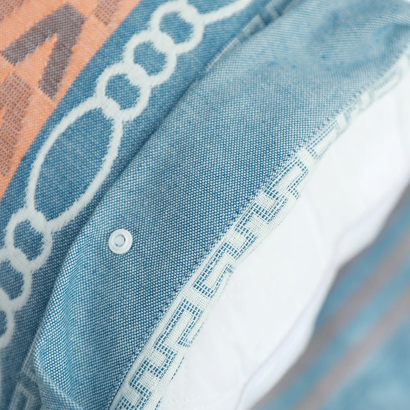 Blue B pattern Snap-On Cotton Gauze Pillowcase Set - Full Coverage, Non-Slip, Easy Closure (One pair without pillow core)