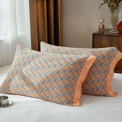 Orange B pattern Snap-On Cotton Gauze Pillowcase Set - Full Coverage, Non-Slip, Easy Closure (One pair without pillow core)