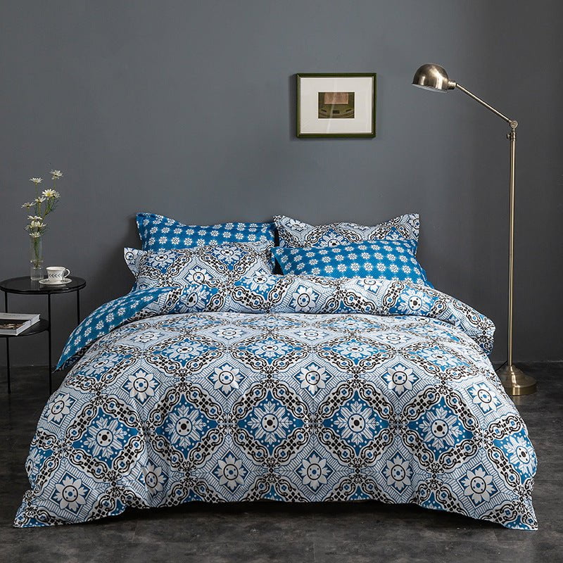 Blue Floral Duvet Cover - 3 Piece Bedding Set (with Corner Ties)