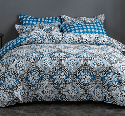 Blue Floral Duvet Cover - 3 Piece Bedding Set (with Corner Ties)