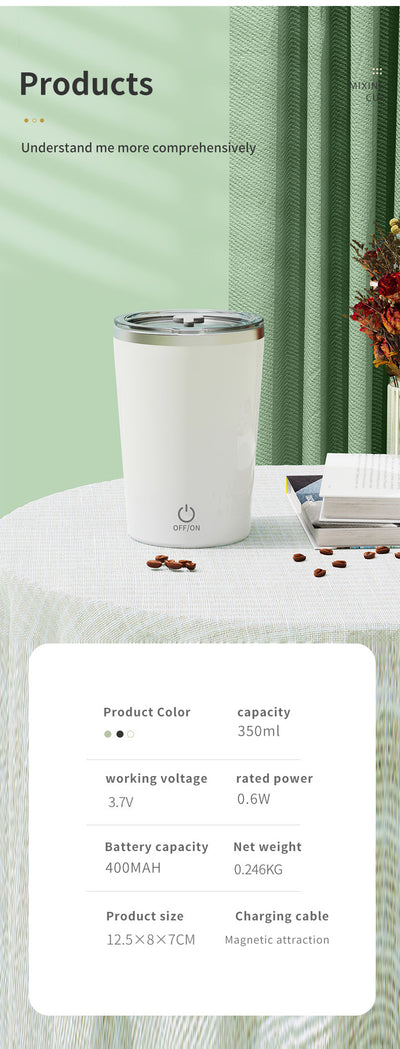 White Portable Automatic Mixing Coffee Cup - Stainless Steel Magnetic Stirrer(handle stlye)