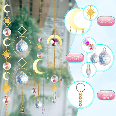 (Style 4) 4 pcs Crystal Wind Chimes-Sun Catcher Star Moon Dream Catcher for Window 32cm