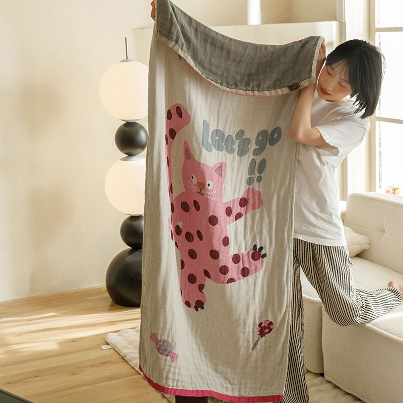 Pink Cat Pattern Soft and Absorbent 4-Layer Cotton Bath Towel for Adults and Children | Cartoon Design | 80*160 cm | Perfect for Bathing and Lounging