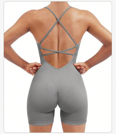 Size L Light Grey Nylon Seamless Yoga Bodysuit - Women's Athletic Romper, Crisscross Back, Workout Jumpsuit