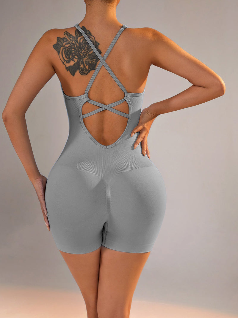 Size L Light Grey Nylon Seamless Yoga Bodysuit - Women&