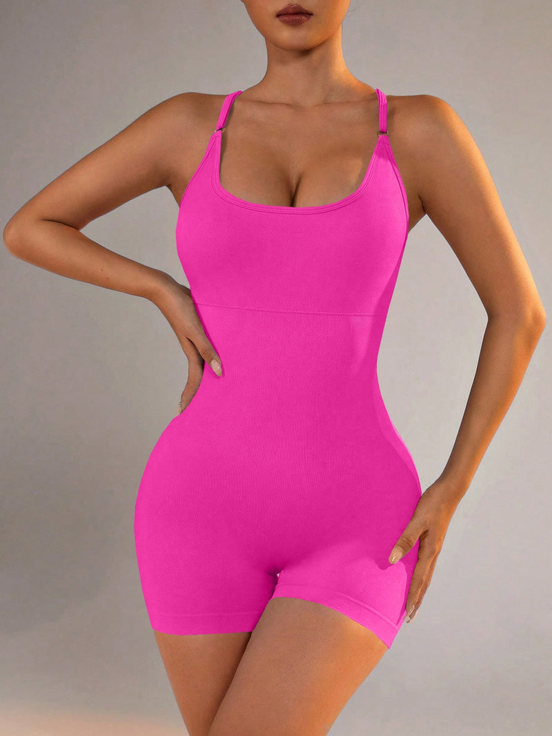 Size M Rose Red Grey Nylon Seamless Yoga Bodysuit - Women&