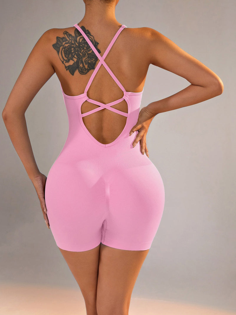 Size M Light Pink Grey Nylon Seamless Yoga Bodysuit - Women&