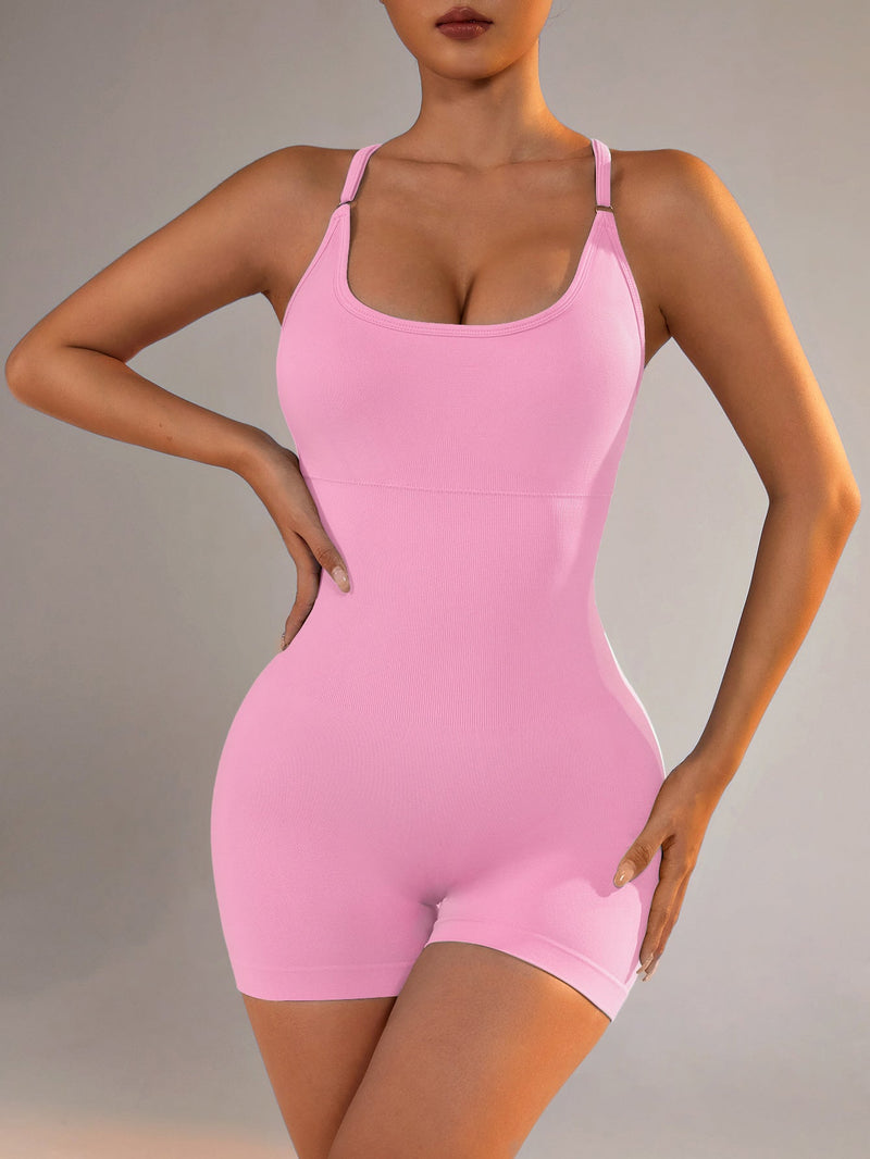 Size M Light Pink Grey Nylon Seamless Yoga Bodysuit - Women&