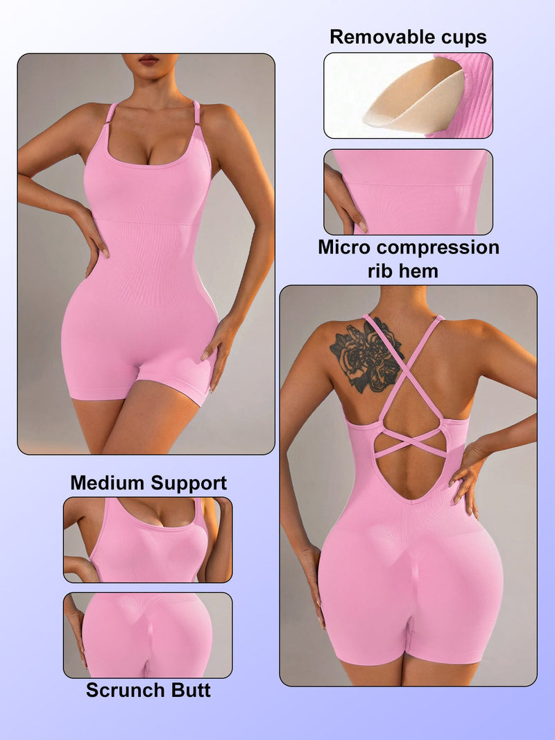 Size M Light Pink Grey Nylon Seamless Yoga Bodysuit - Women&
