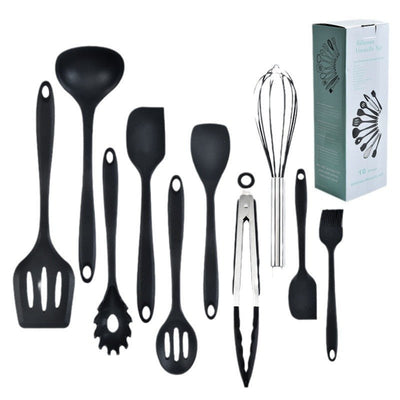 Black 10-Piece Premium Silicone Kitchen Utensil Set - Heat Resistant, Non-Stick Cookware