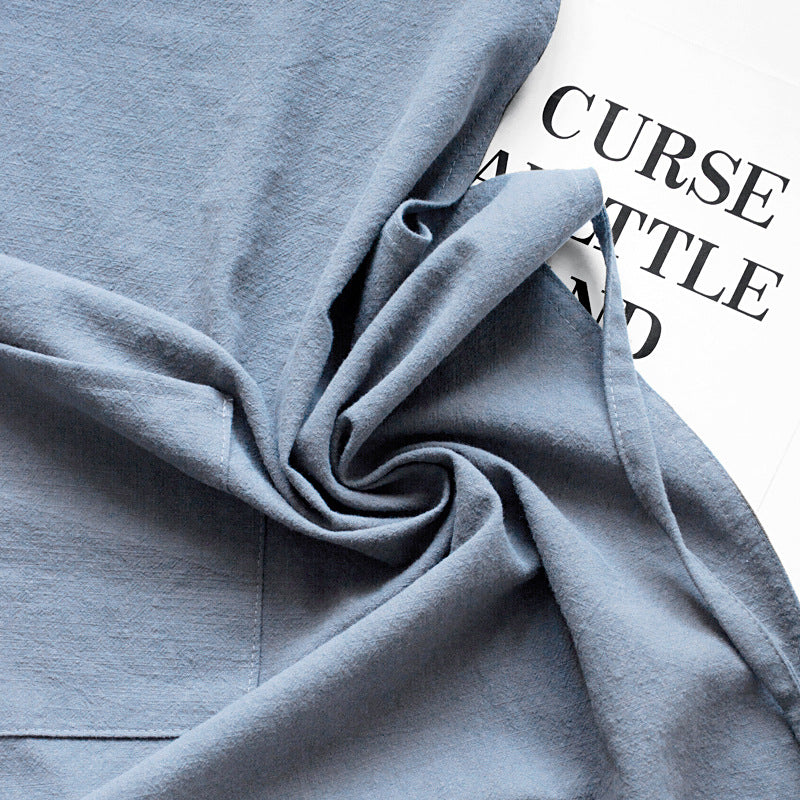 Blue Cotton Linen H-Back Apron - Solid Color Kitchen Cooking Apron with Pocket