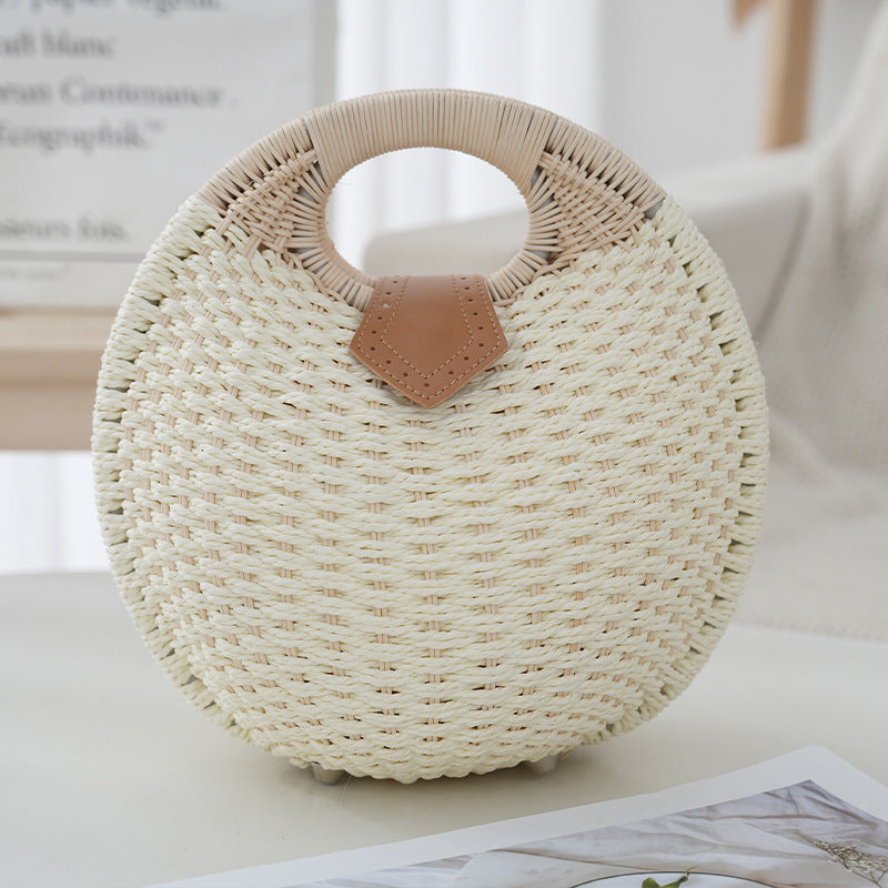 White Boho Circle Straw Bag - Stylish Woven Tote with Round Handles