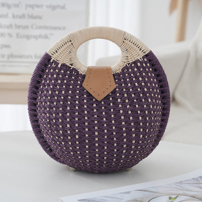 Purple Boho Circle Straw Bag - Stylish Woven Tote with Round Handles