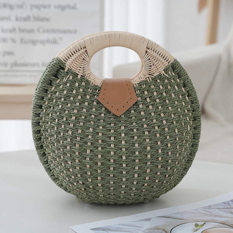 Green Boho Circle Straw Bag - Stylish Woven Tote with Round Handles
