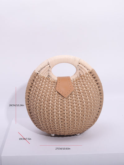 Green Boho Circle Straw Bag - Stylish Woven Tote with Round Handles
