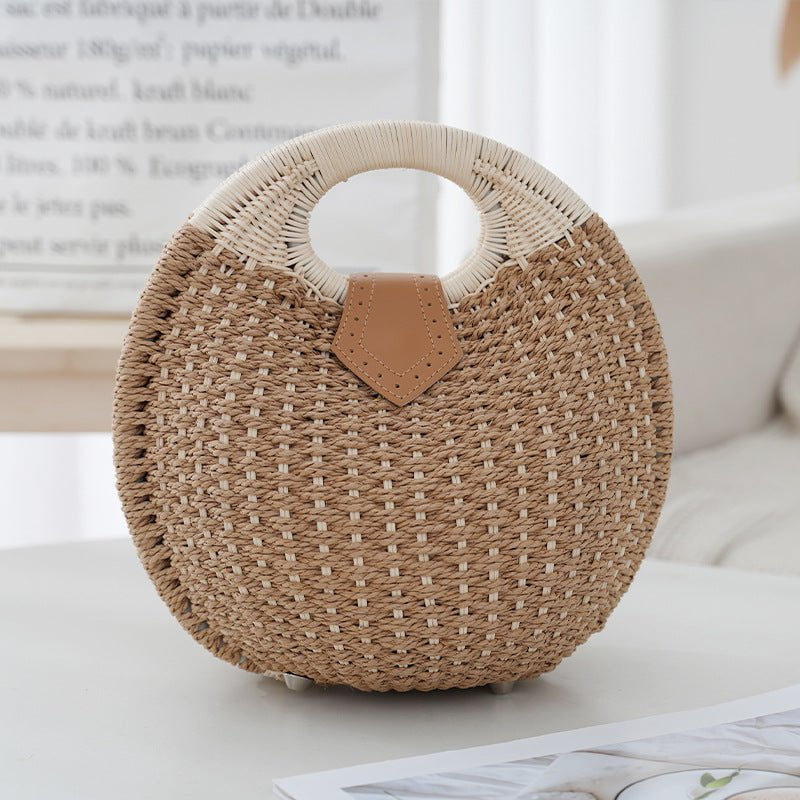 Khaki Boho Circle Straw Bag - Stylish Woven Tote with Round Handles