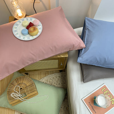 Green And Yellow Washed Cotton Pillowcase Set - Solid Color, Simple Two-Tone Design, 48x74cm (Pair)