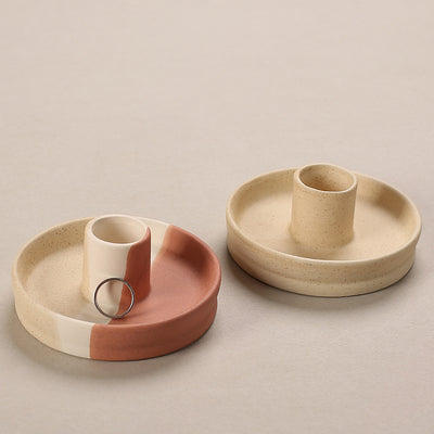 2 Pcs Dark Blue Straight Bottom Nordic Ceramic Candle Holder with Jewelry Dish - Elegant Minimalist Home Decor Piece