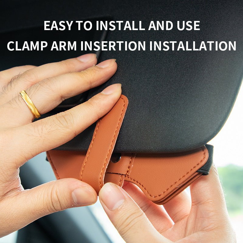 2 Pcs Brown Car Sun Visor Glasses Holder Clip with Dual Magnetic Clamps - PU Leather, Anti-Slip, and Multi-Functional Storage
