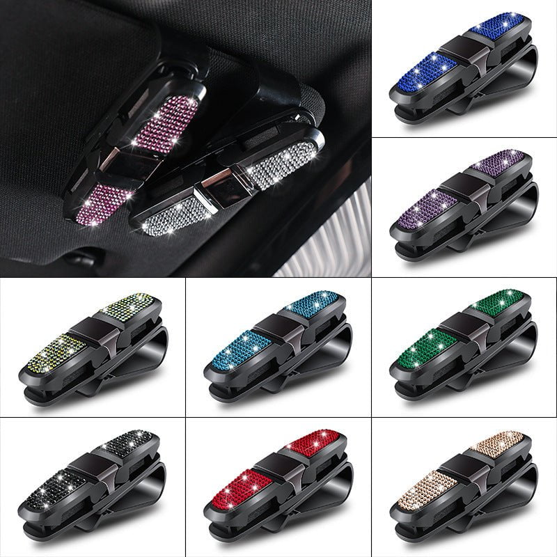6 Pcs Black Luxury Rhinestone Car Sun Visor Glasses Clip - Multi-Functional, 180° Rotatable, ABS Material