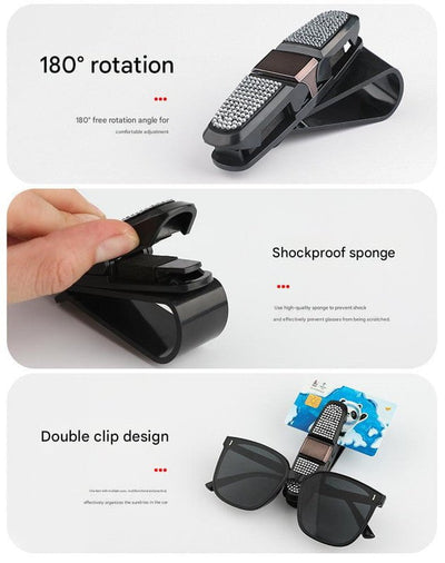 6 Pcs Colored Luxury Rhinestone Car Sun Visor Glasses Clip - Multi-Functional, 180° Rotatable, ABS Material