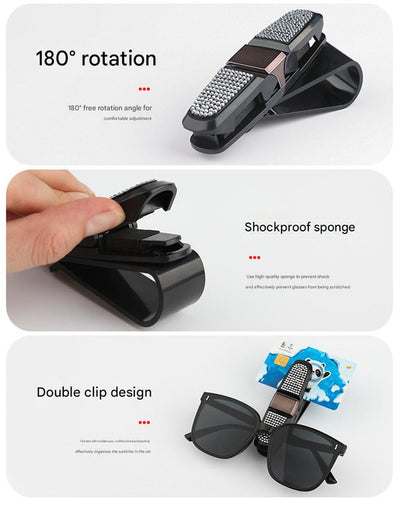 6 Pcs Pink Luxury Rhinestone Car Sun Visor Glasses Clip - Multi-Functional, 180° Rotatable, ABS Material