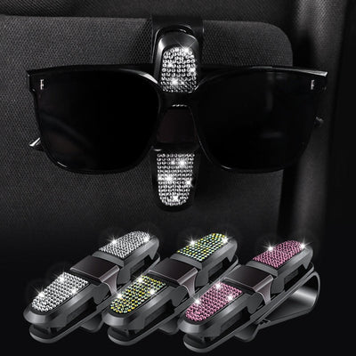 6 Pcs Green Luxury Rhinestone Car Sun Visor Glasses Clip - Multi-Functional, 180° Rotatable, ABS Material